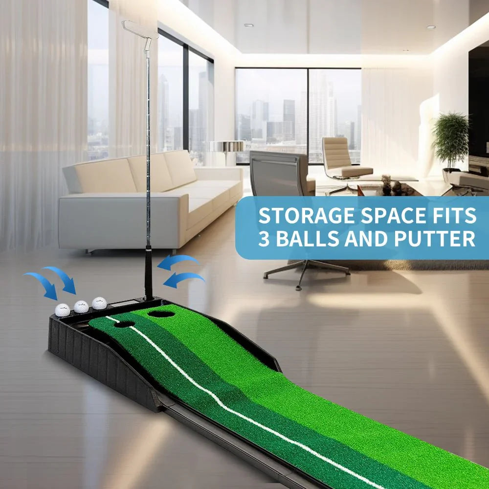Indoor portable golf putting mat with storage for 3 balls and putter in modern living room
