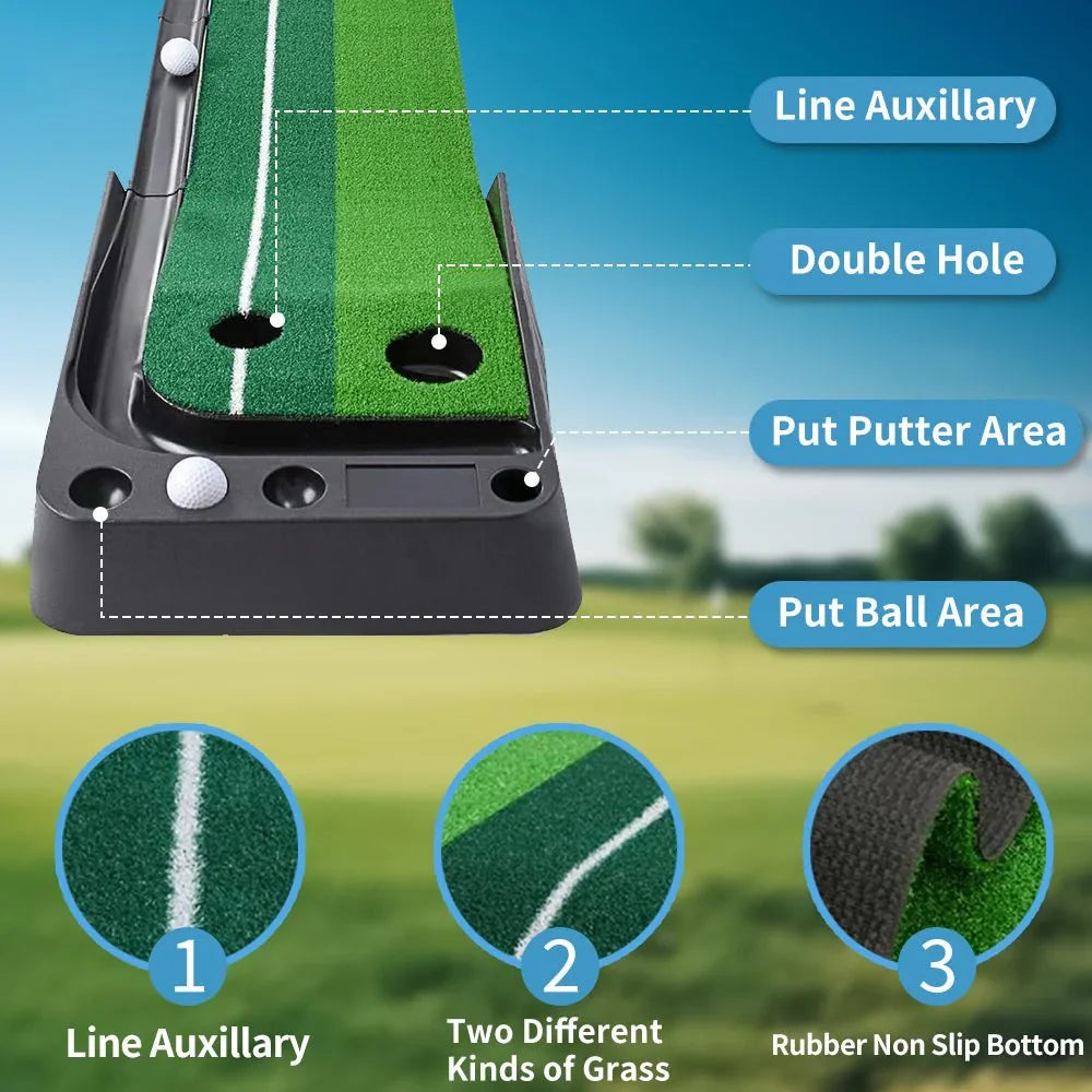 Portable golf putting mat with double holes, auxiliary line, two grass textures, and non-slip rubber base