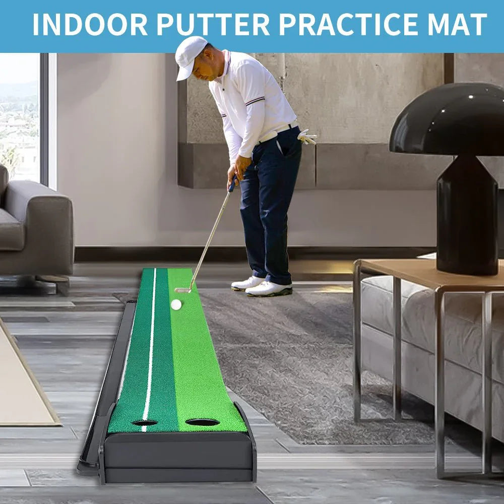 Man practicing golf putting on 8ft indoor portable putting mat in modern living room