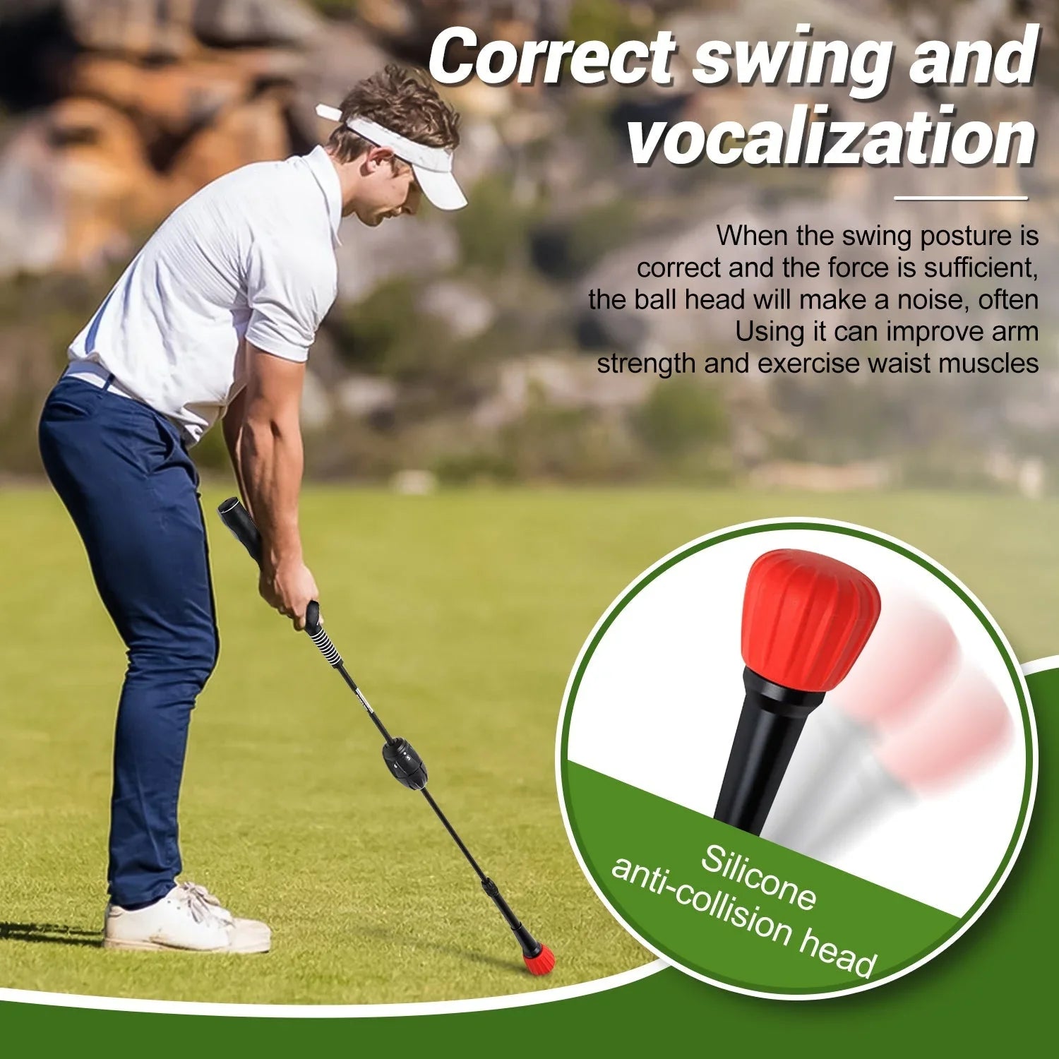 Man using adjustable golf swing trainer with silicone anti-collision head on green grass