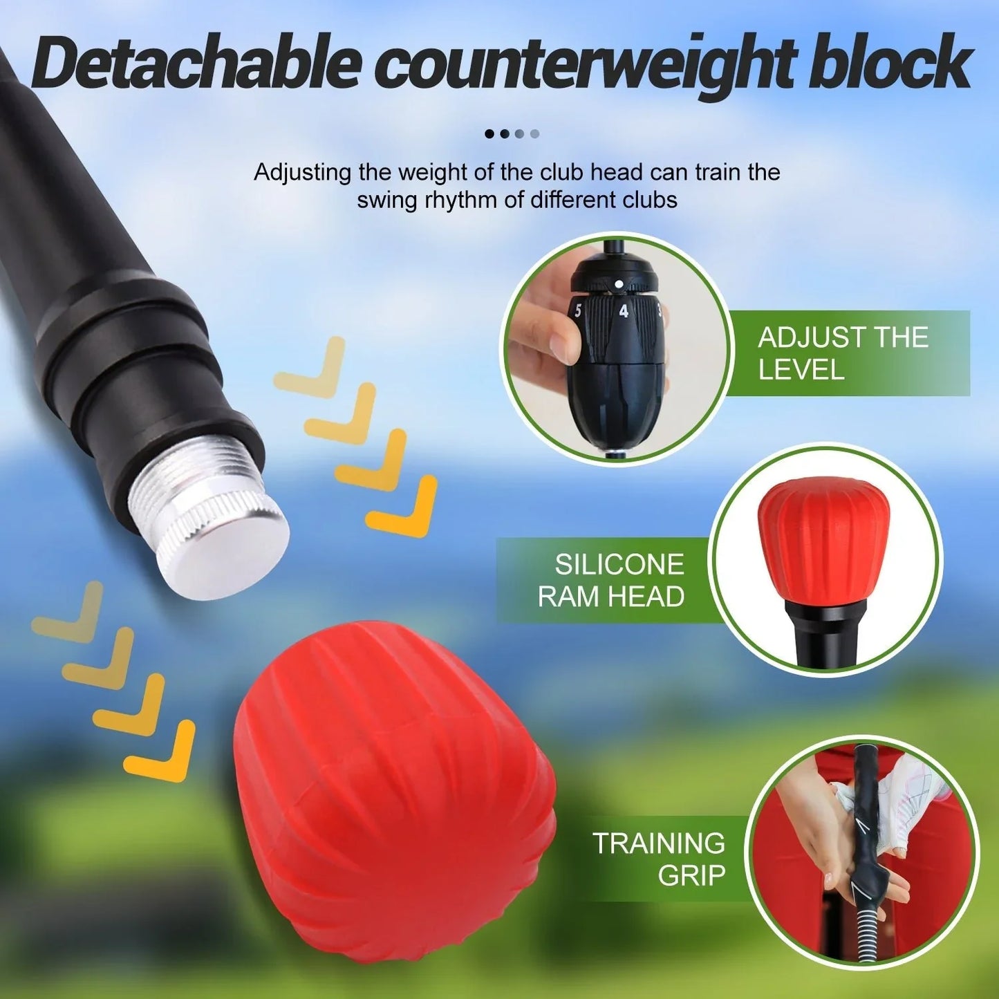 Detachable counterweight block golf swing trainer with adjustable weight, silicone ram head, and training grip