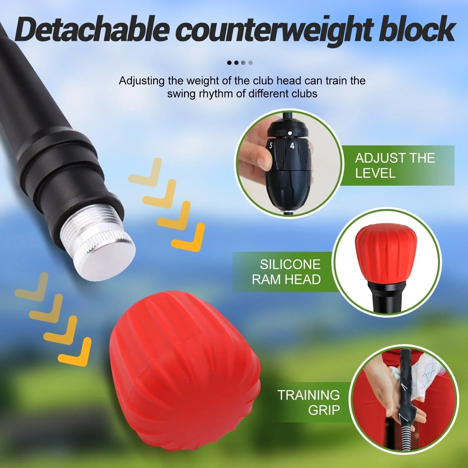 Detachable counterweight block golf swing trainer with adjustable weight, silicone ram head, and training grip