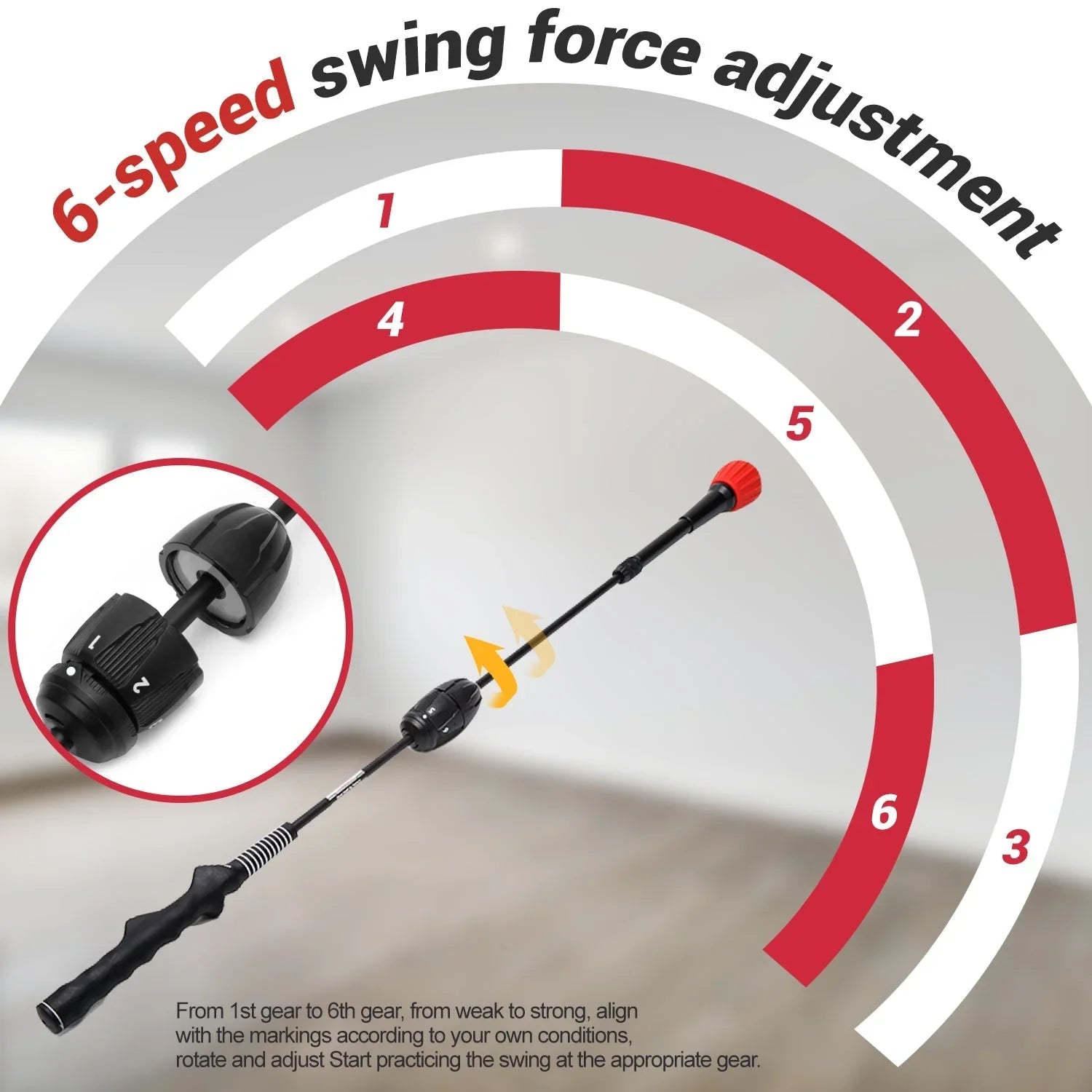 Golf swing trainer with adjustable 6-speed swing force setting and ergonomic grip in indoor room