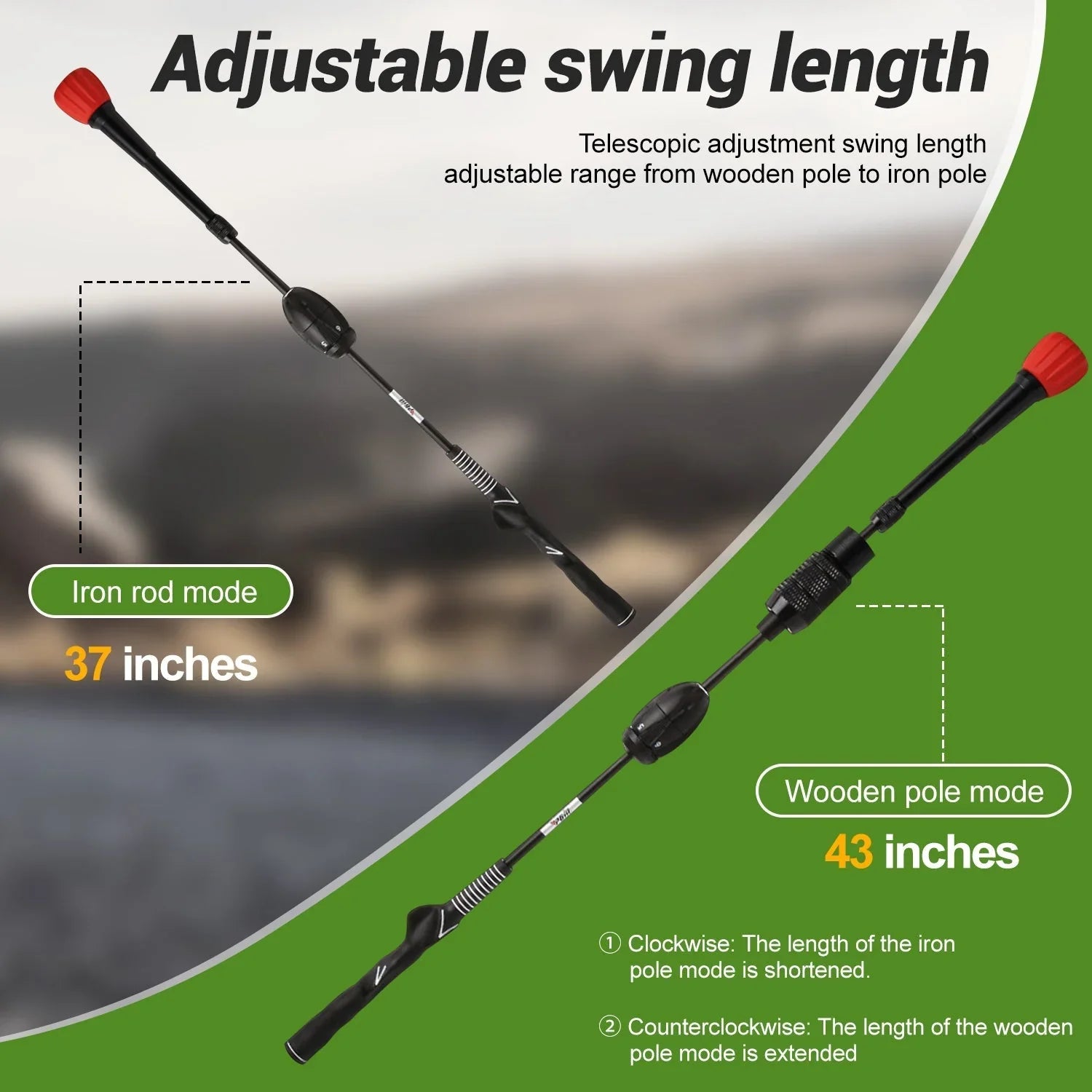 Adjustable golf swing trainer showing iron rod mode 37 inches and wooden pole mode 43 inches