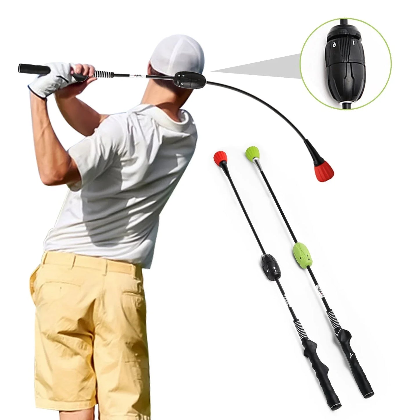 Golfer in white shirt and yellow shorts using adjustable golf swing training aid with red and green flexible heads