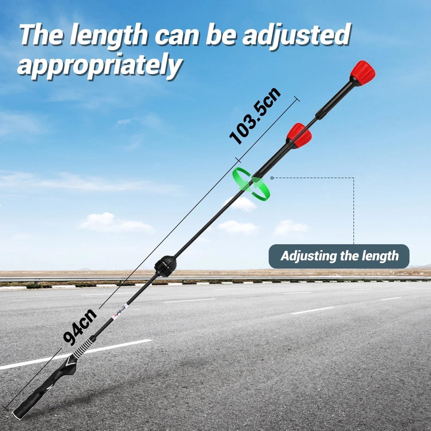 Adjustable golf swing trainer with black grip and red end caps demonstrating length adjustment on road background