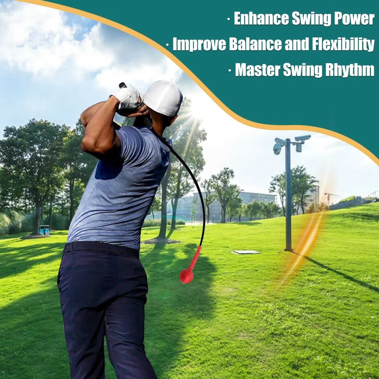 Golfer practicing swing with golf swing trainer on sunny green course improving power and balance