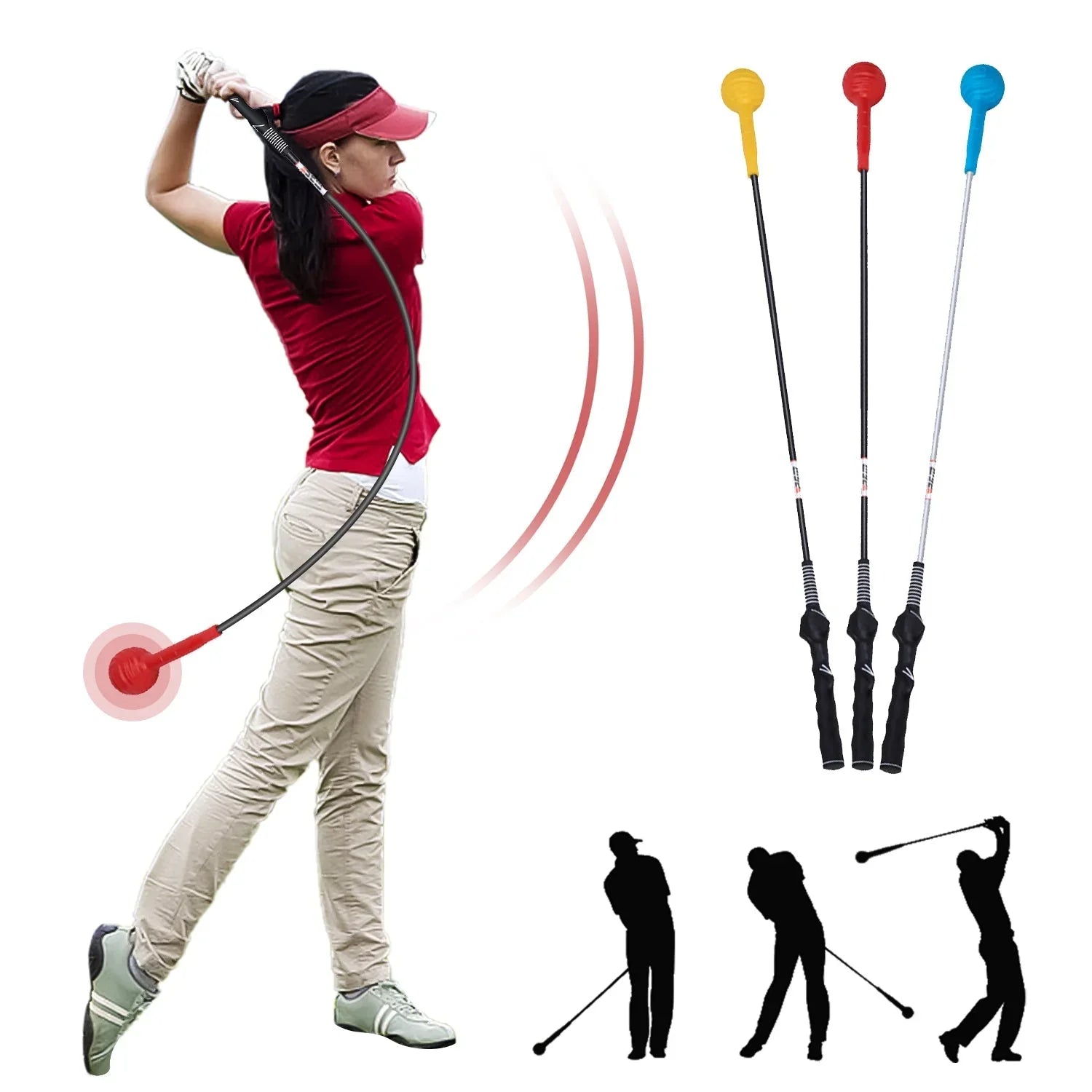Woman practicing golf swing with flexible golf swing trainer in red shirt, beige pants, and visor