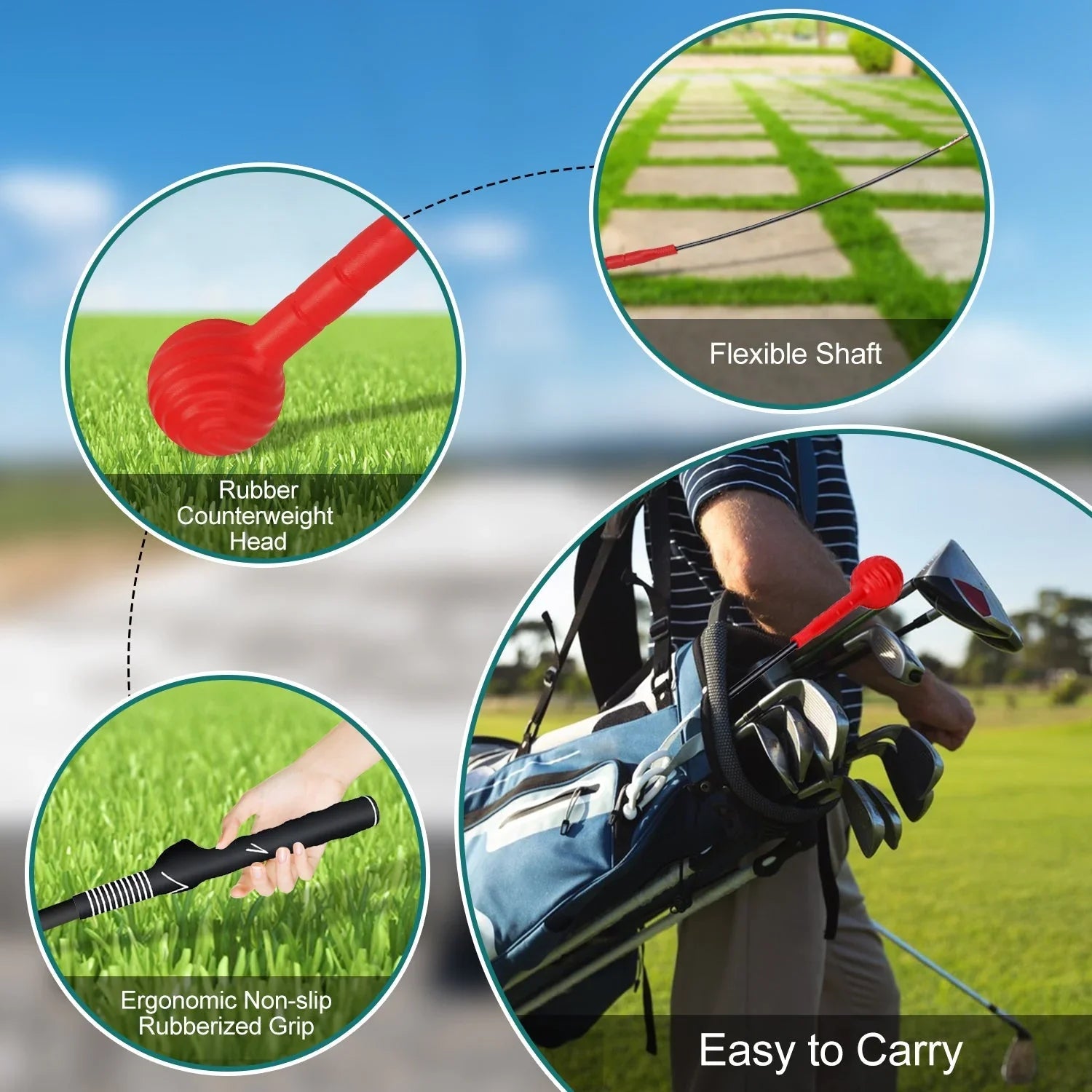 Golf swing trainer with rubber counterweight head, flexible shaft, ergonomic non-slip grip, shown in golf bag