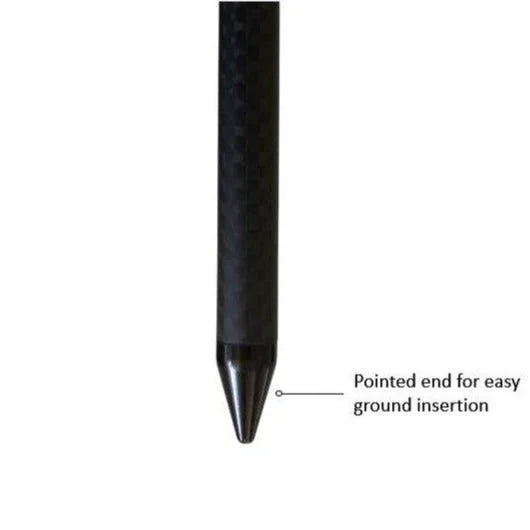 Close-up of a black carbon fiber stake with pointed end for easy ground insertion