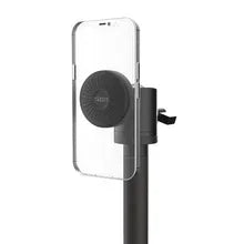 Black portable fan attached to a clear smartphone case mounted on a black pole against white background