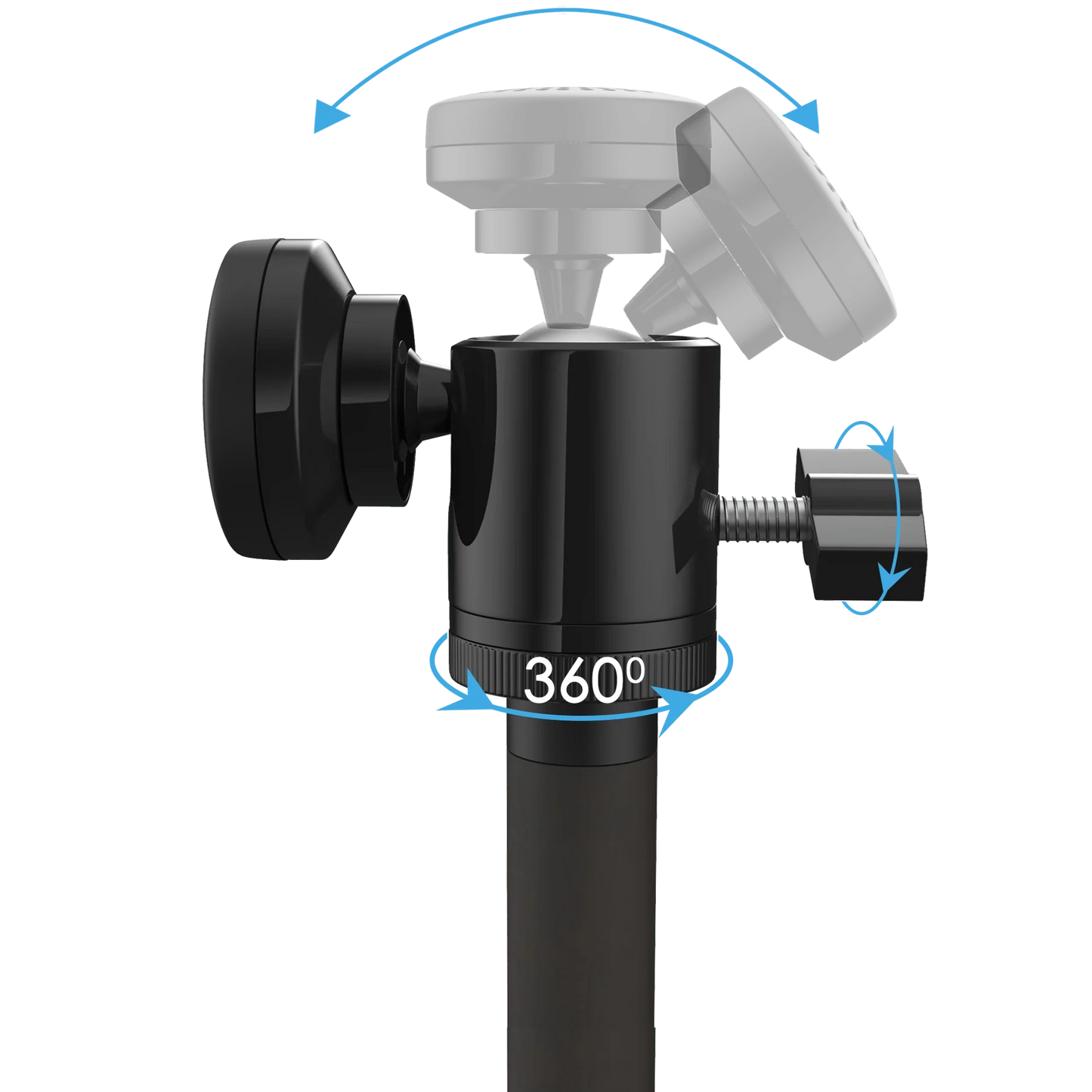 Black camera tripod ball head mount with 360-degree rotation and adjustable knob