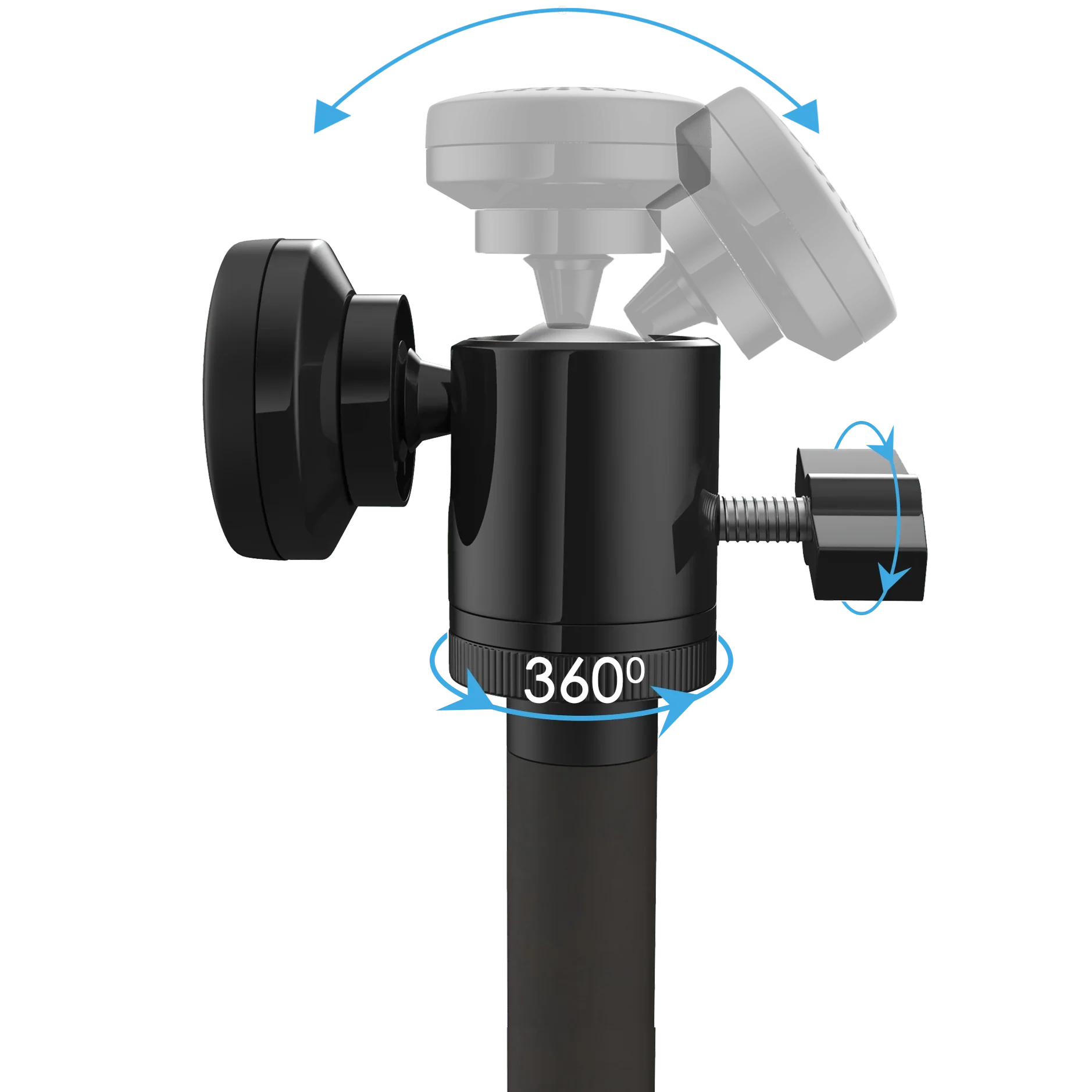 Black camera tripod ball head mount with 360-degree rotation and adjustable knob