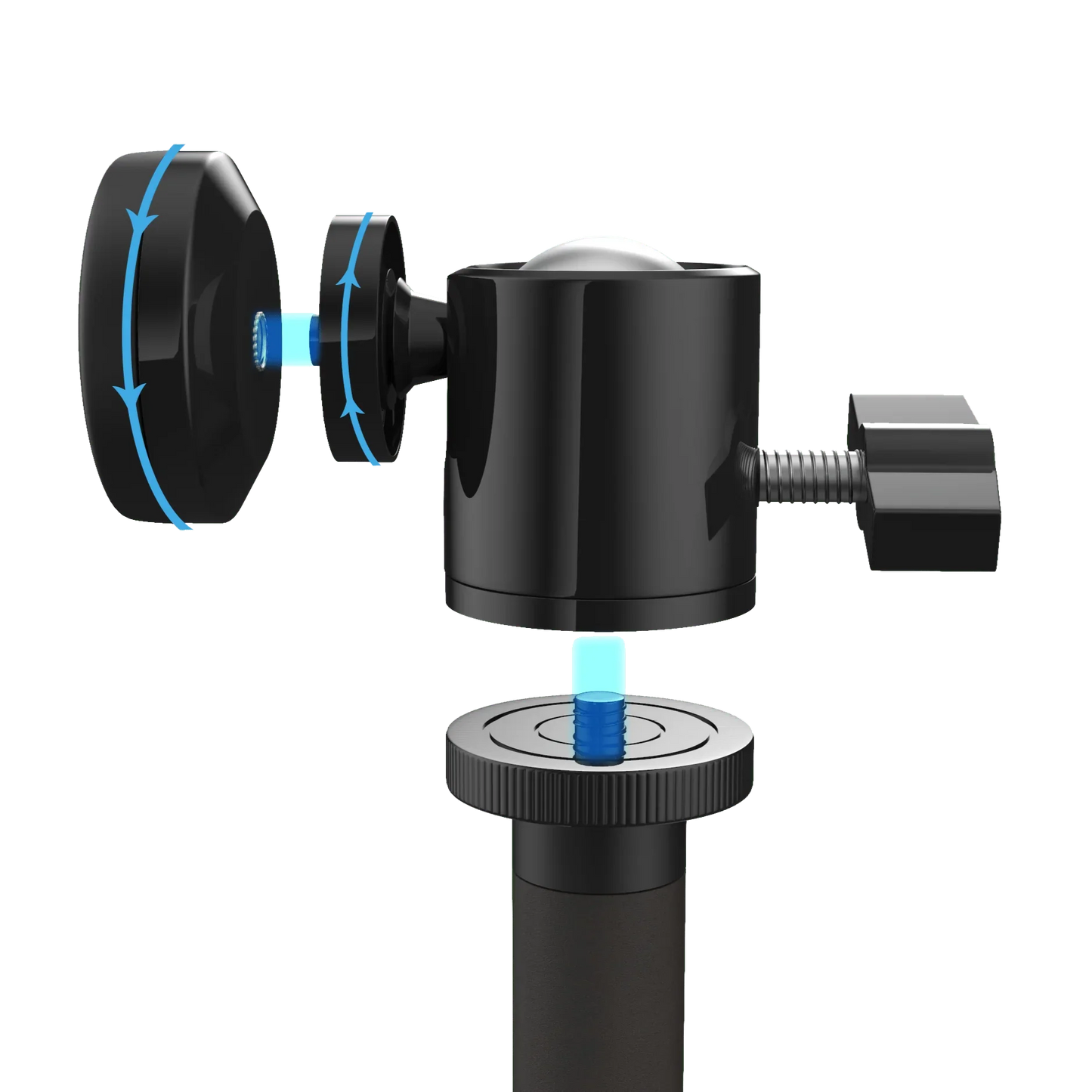 Black compact ball head mount with screw attachments and tightening knob, designed for tripods or camera equipment