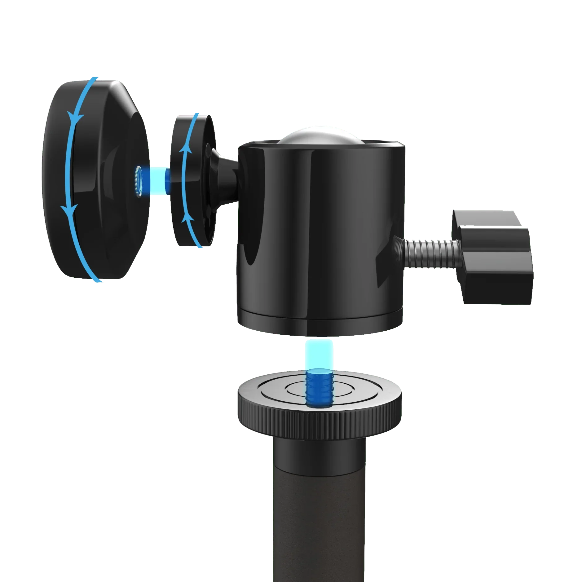 Black compact ball head mount with screw attachments and tightening knob, designed for tripods or camera equipment