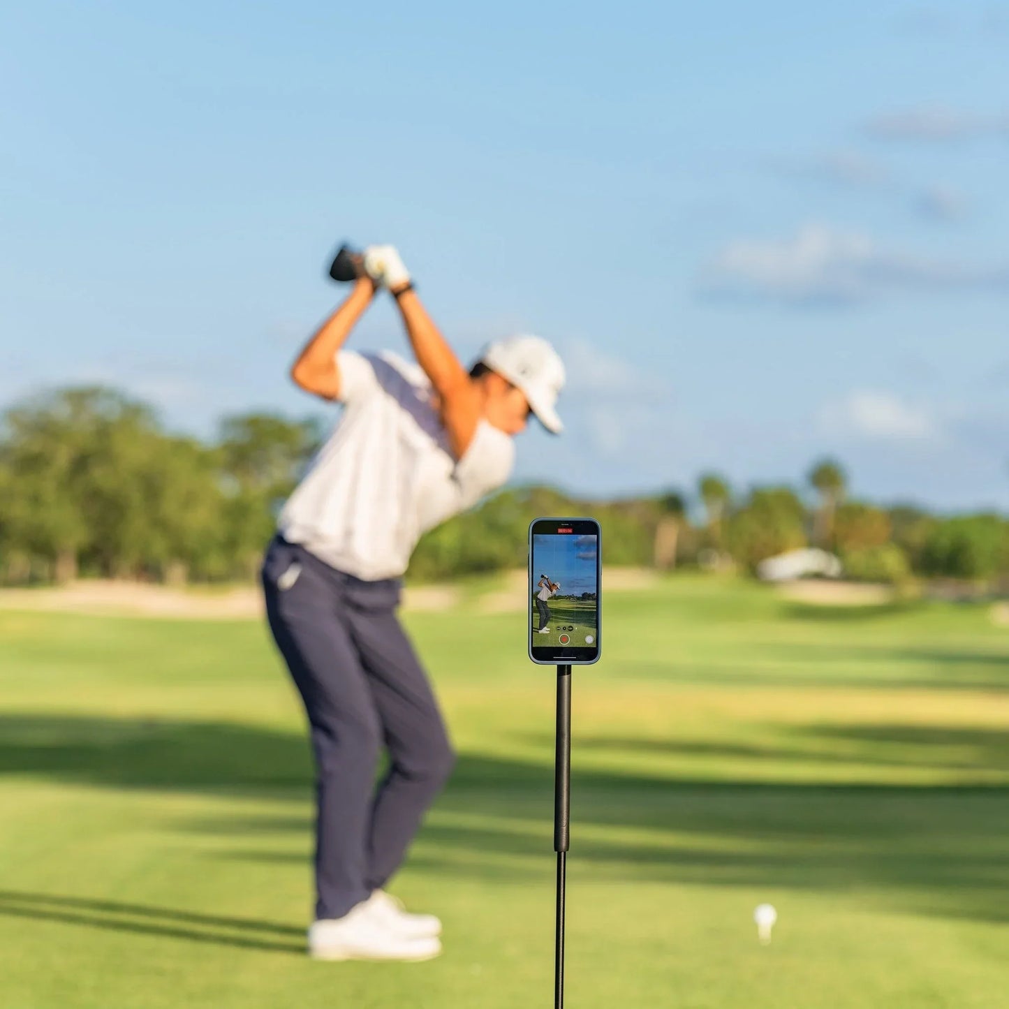 Golfer swinging on green golf course recorded by smartphone mounted on a stand in sunny outdoor setting