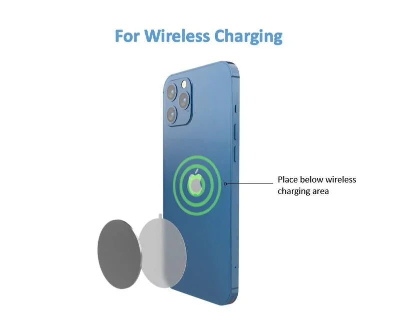 Blue smartphone aligned for wireless charging with circular charging area and magnets
