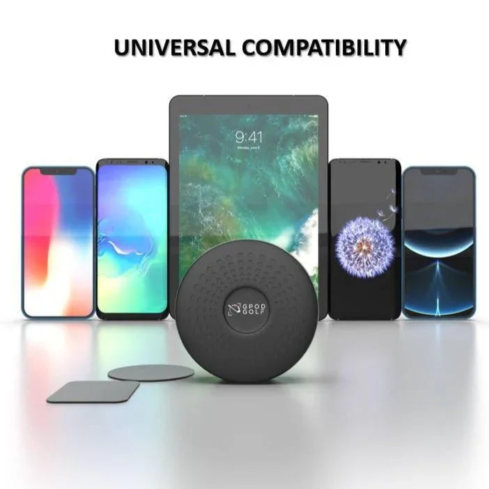 Black GPOD Golf device front view with tablet and various smartphones showing universal compatibility