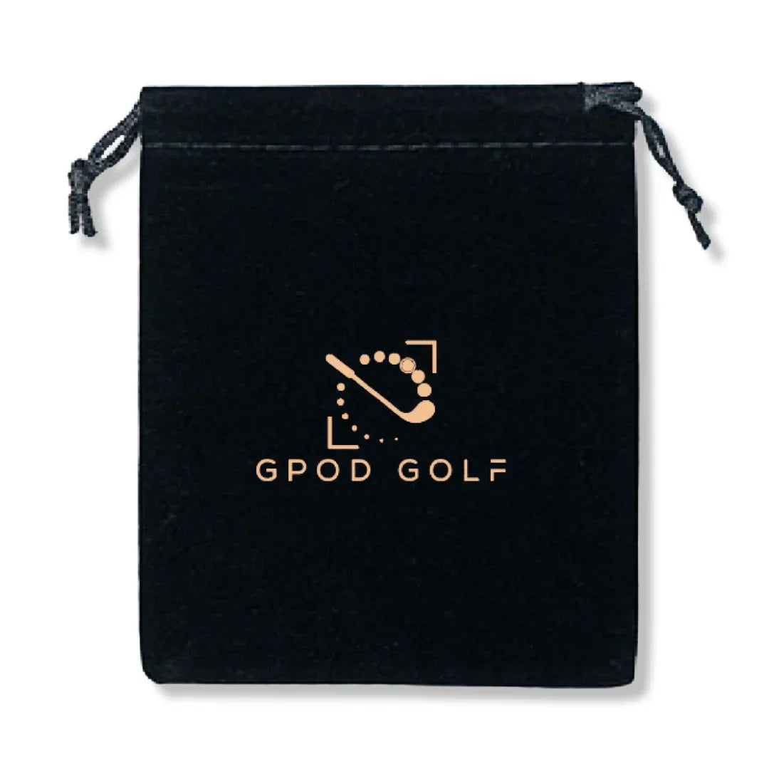 Black drawstring pouch with gold GPOD Golf logo and golf club graphic