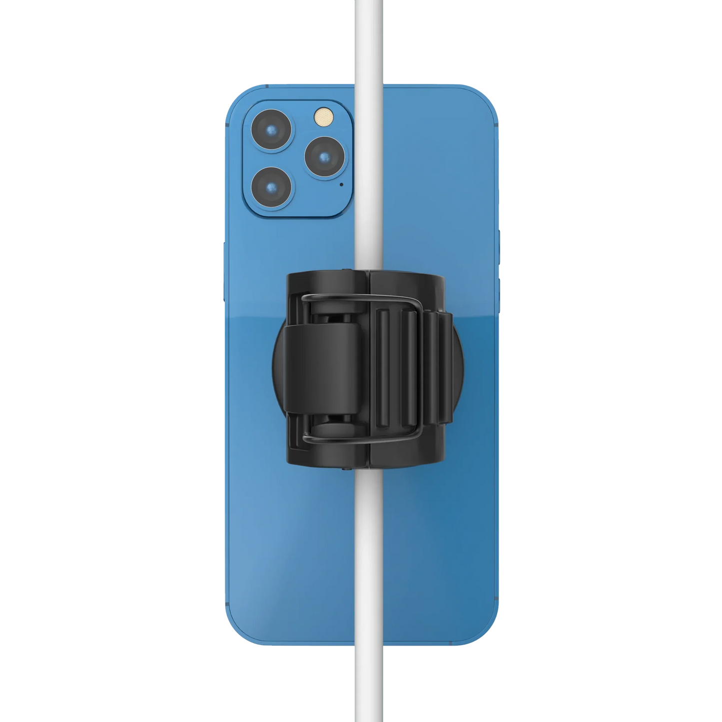 Black adjustable clip mounting a blue smartphone to a vertical white pole