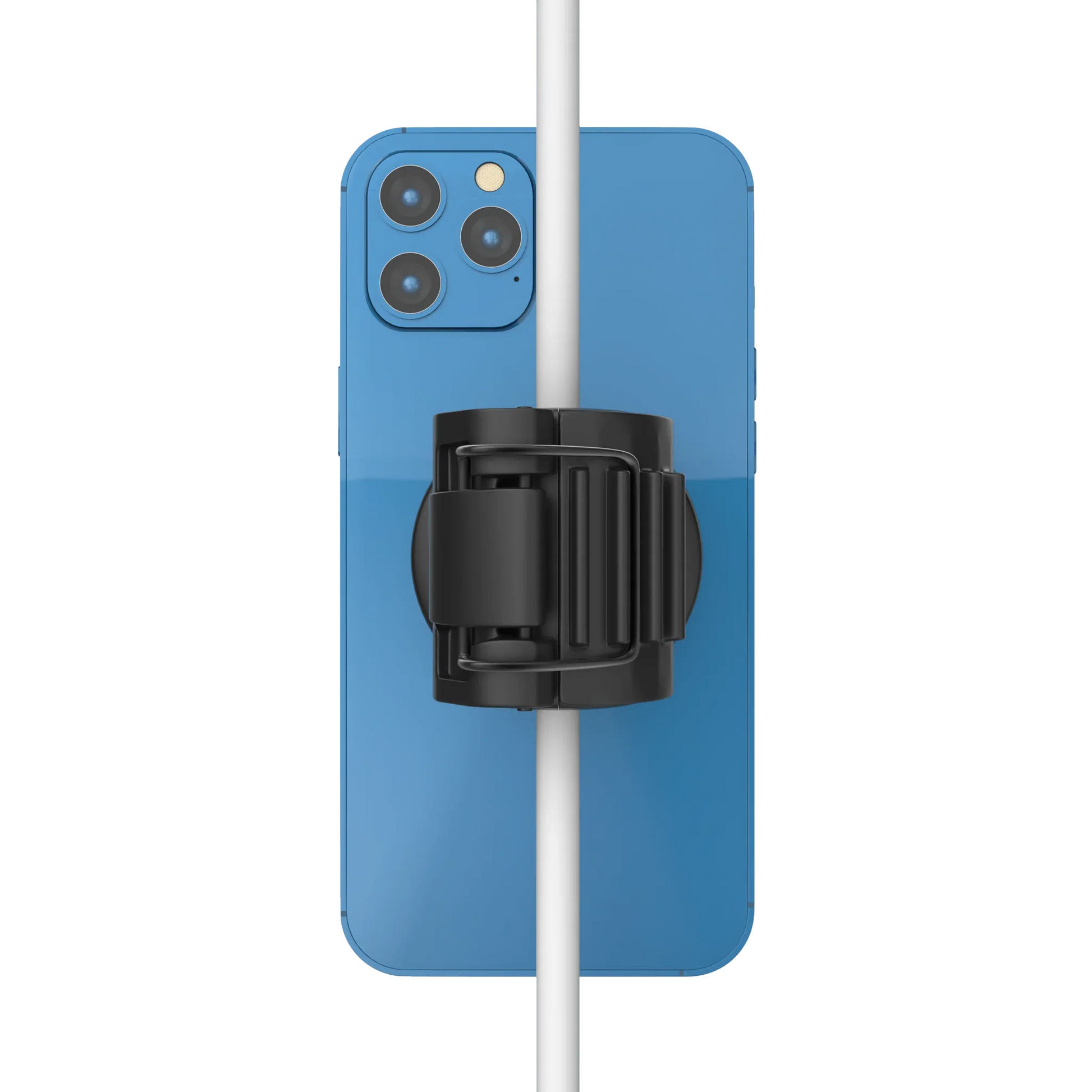 Black adjustable clip mounting a blue smartphone to a vertical white pole