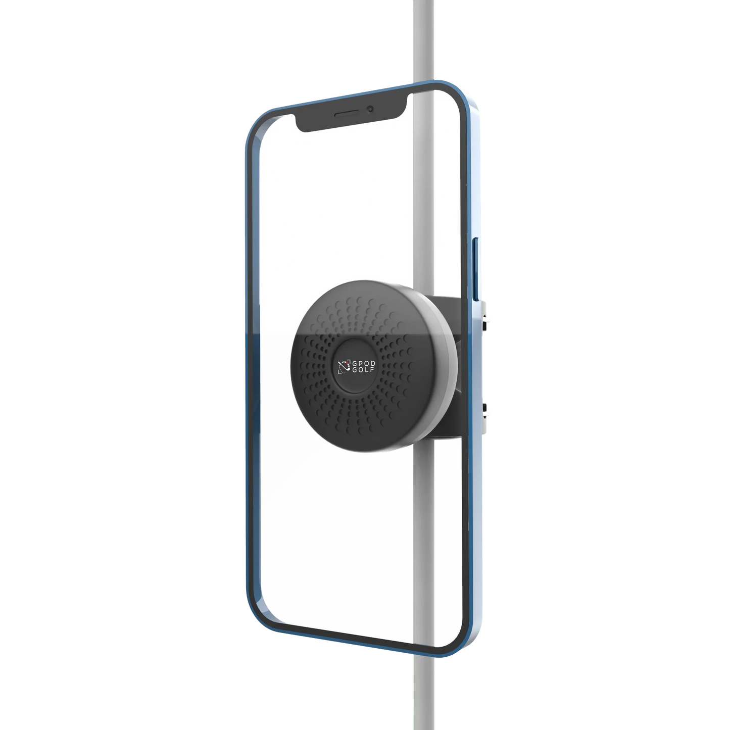GPOD Golf device clipped to a smartphone on a vertical pole, golf swing analyzer gadget