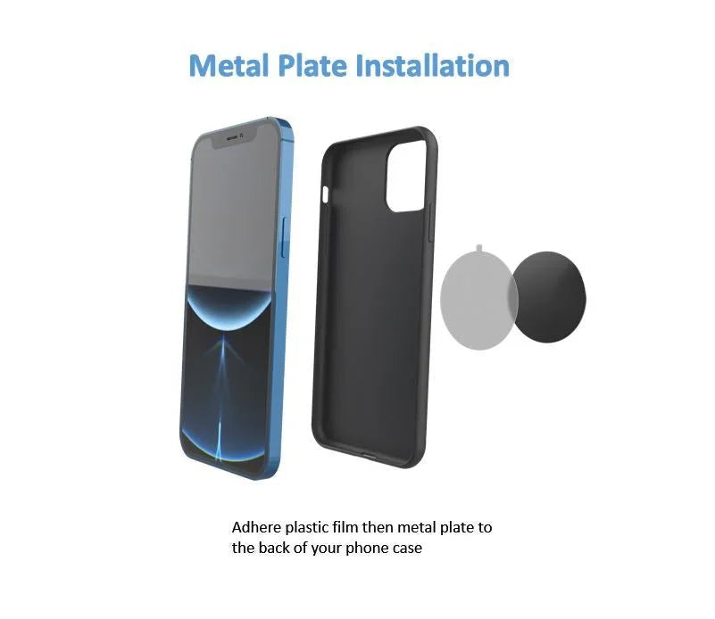 Blue smartphone, black phone case, and two metal plates showing metal plate installation on phone case