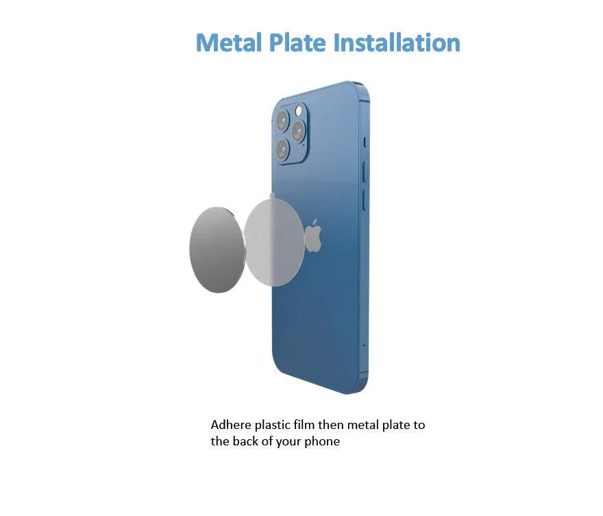 Blue smartphone with metal plate installation guide showing plastic film and metal plate for phone back