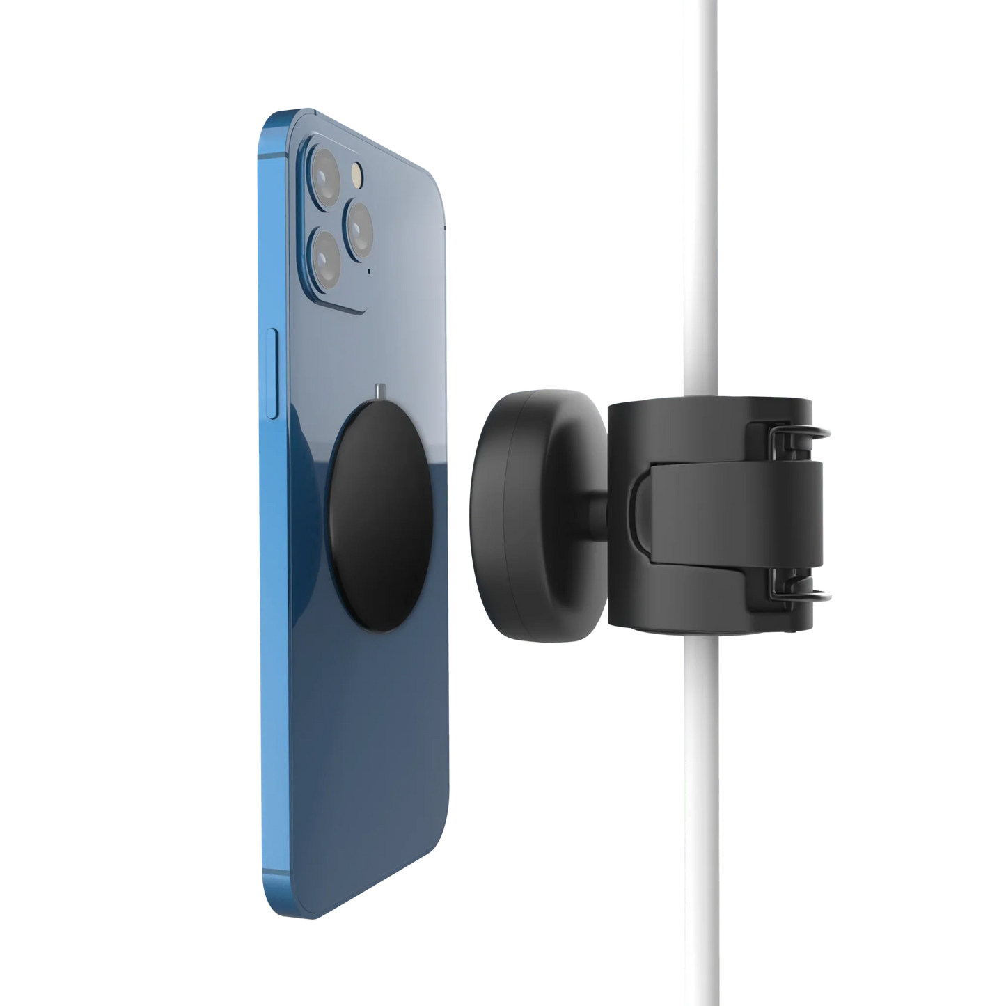 Blue smartphone attached to black magnetic wall mount with white cable
