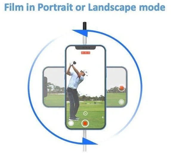 Smartphone mounted on a tripod filming a golfer in portrait and landscape modes on a golf course