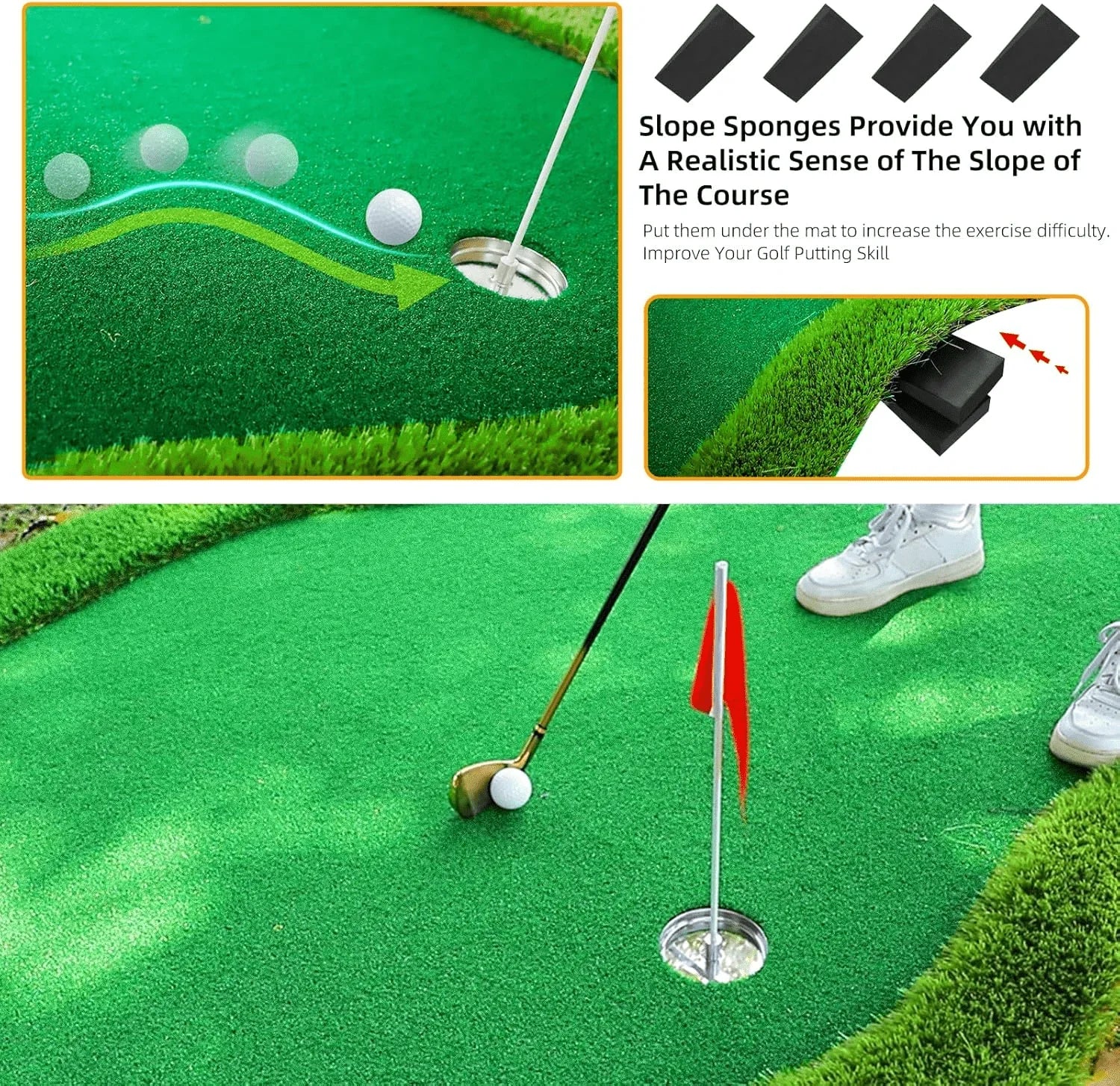 Indoor putting green with golf ball, putter, and hole; slope sponges enhance realistic course slope