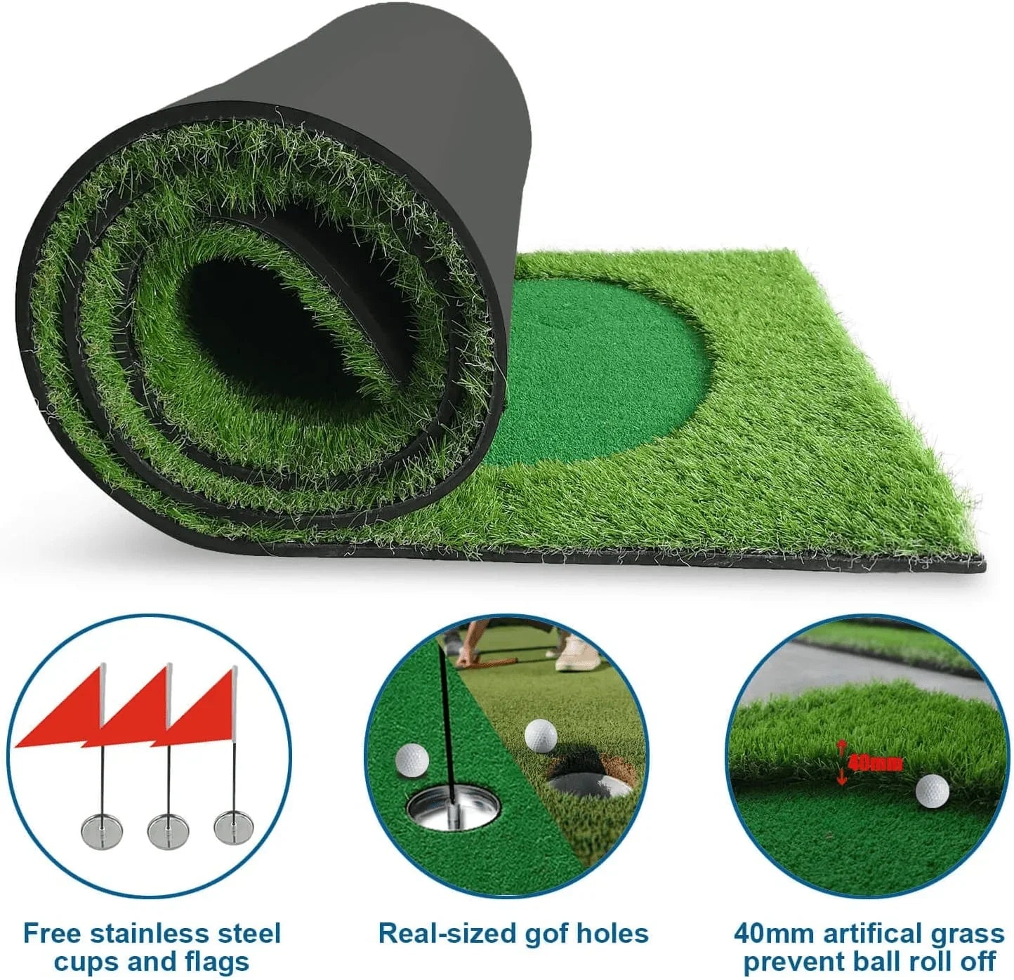 Rolled artificial grass golf putting mat with real-sized holes and stainless steel cups and flags
