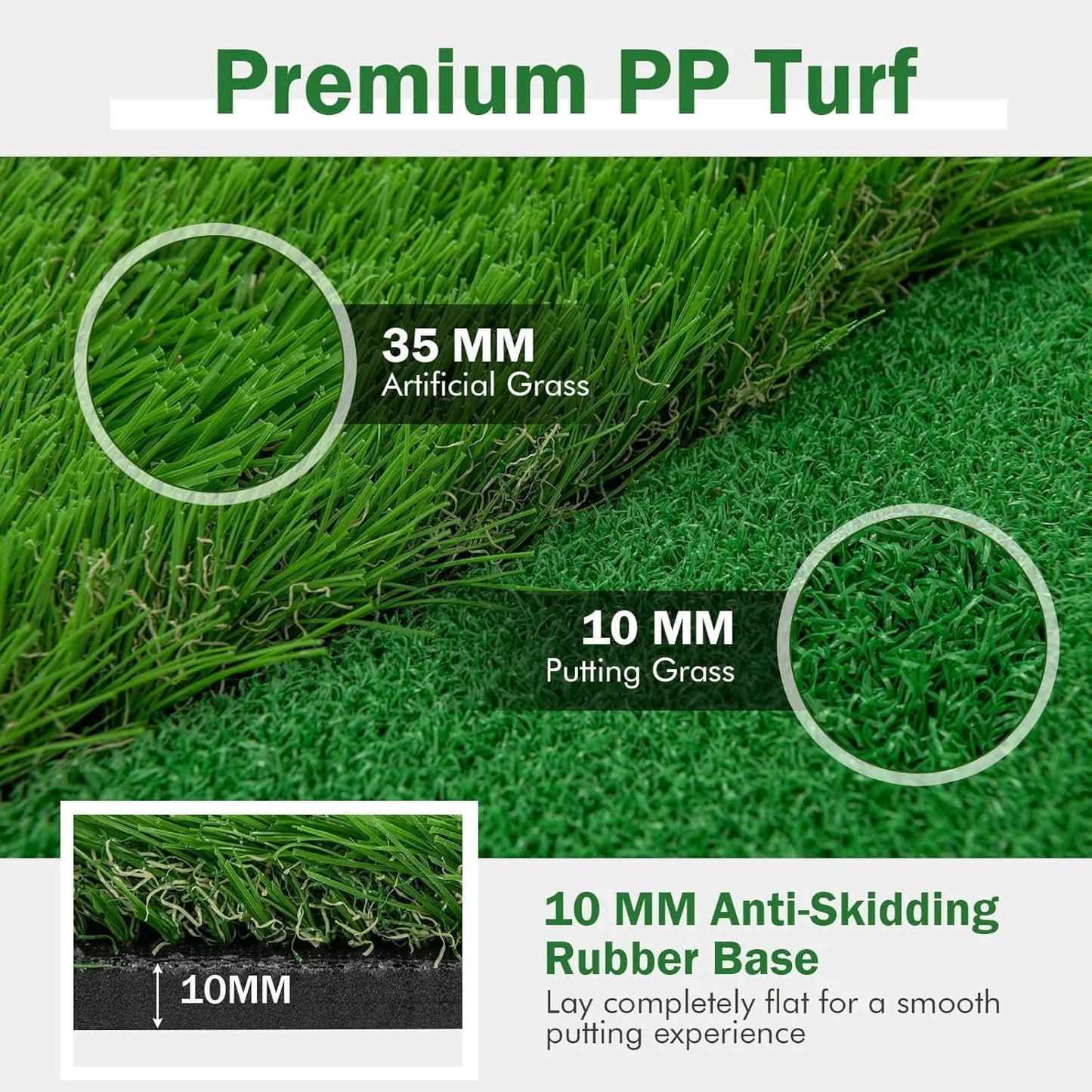 Close-up of premium PP turf showing 35mm artificial grass, 10mm putting grass, and 10mm anti-skidding rubber base