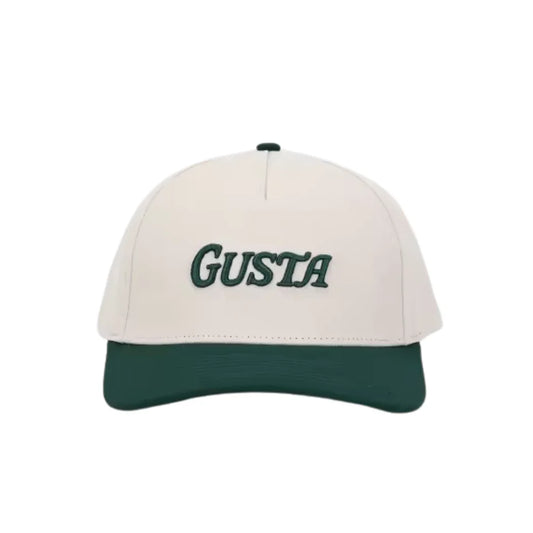 White and green baseball cap with GUSTA logo embroidered on front