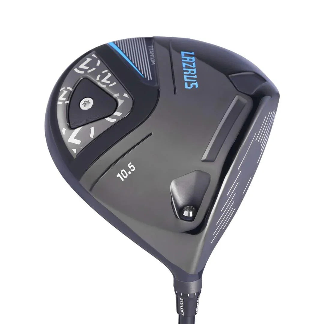Lazrus black titanium golf driver club with 10.5 loft and blue logo on white background