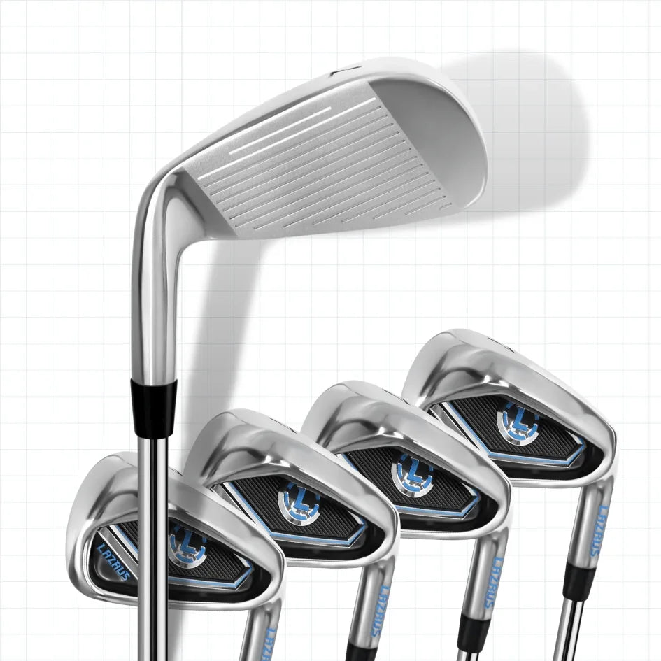 Set of five Lazrus steel golf irons with detailed grooves and black-blue branding