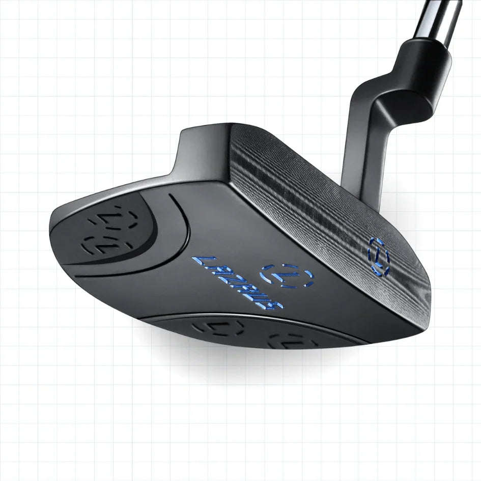 Close-up of black Lazrus golf putter with blue logo and textured face on white grid background