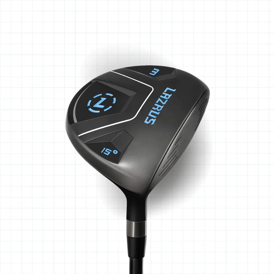 Black Lazrus 15-degree 3-wood golf club driver with blue logo on white grid background