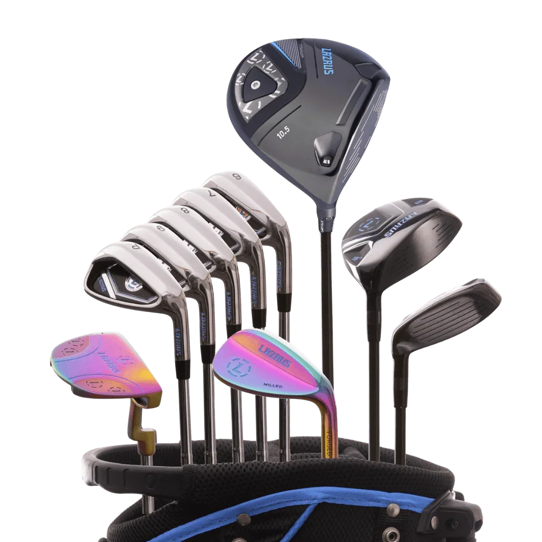 Lazrus 11-piece golf club set with black driver, irons, rainbow wedges, and putter in golf bag