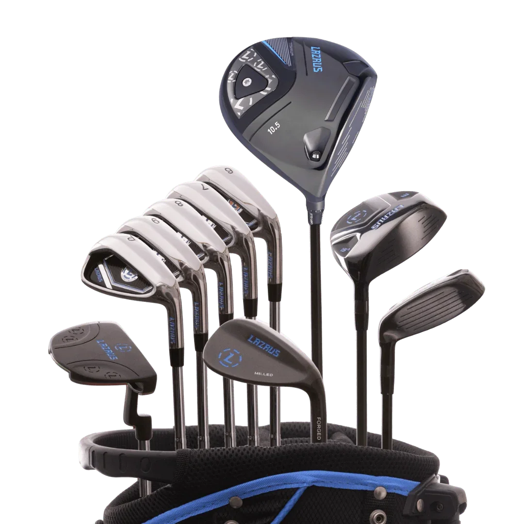 Lazrus golf club set with driver, fairway wood, irons 6-PW, wedge, and putter in black and blue golf bag