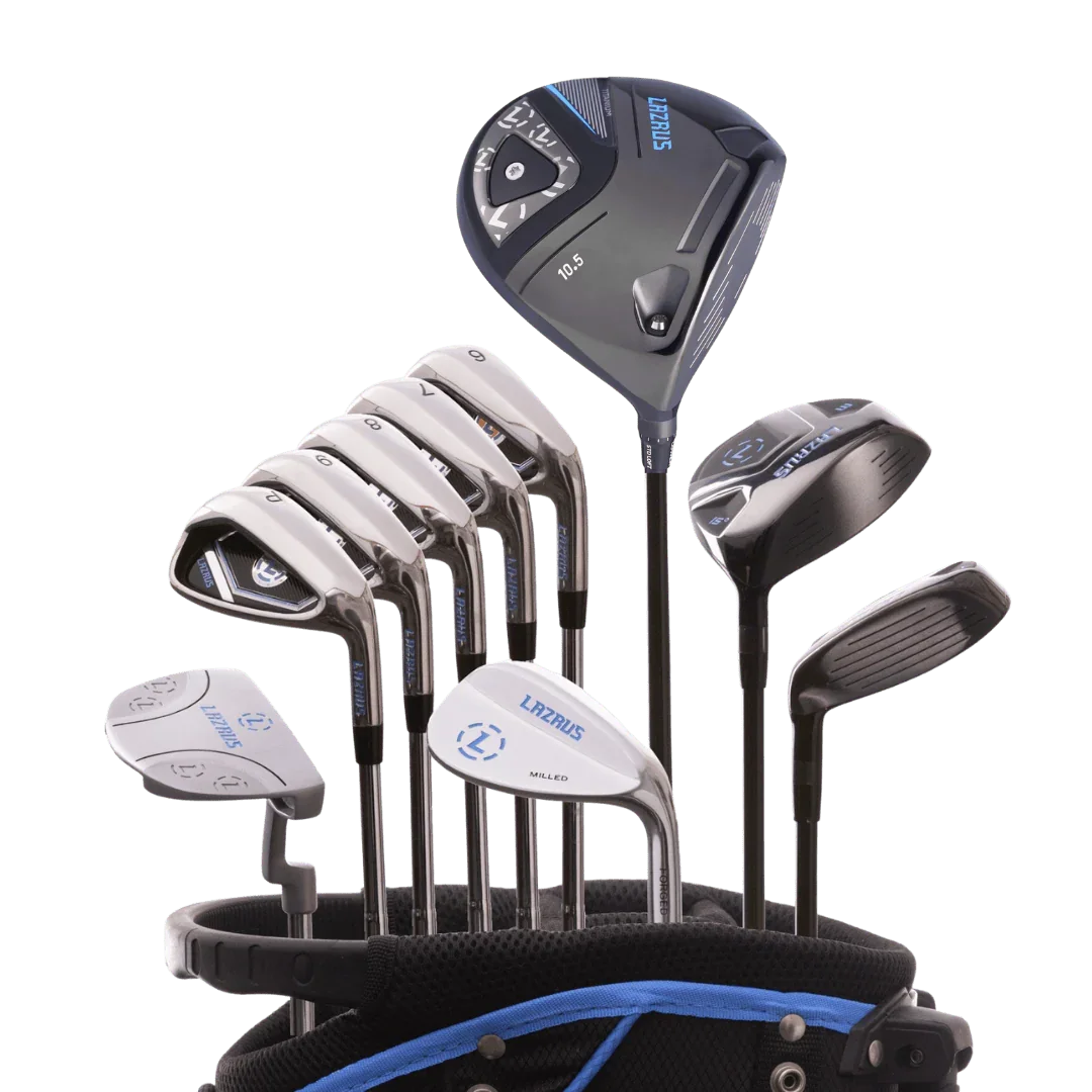 Lazrus 11-piece golf club set with driver, fairway wood, hybrid, irons, wedge, putter in black and blue golf bag