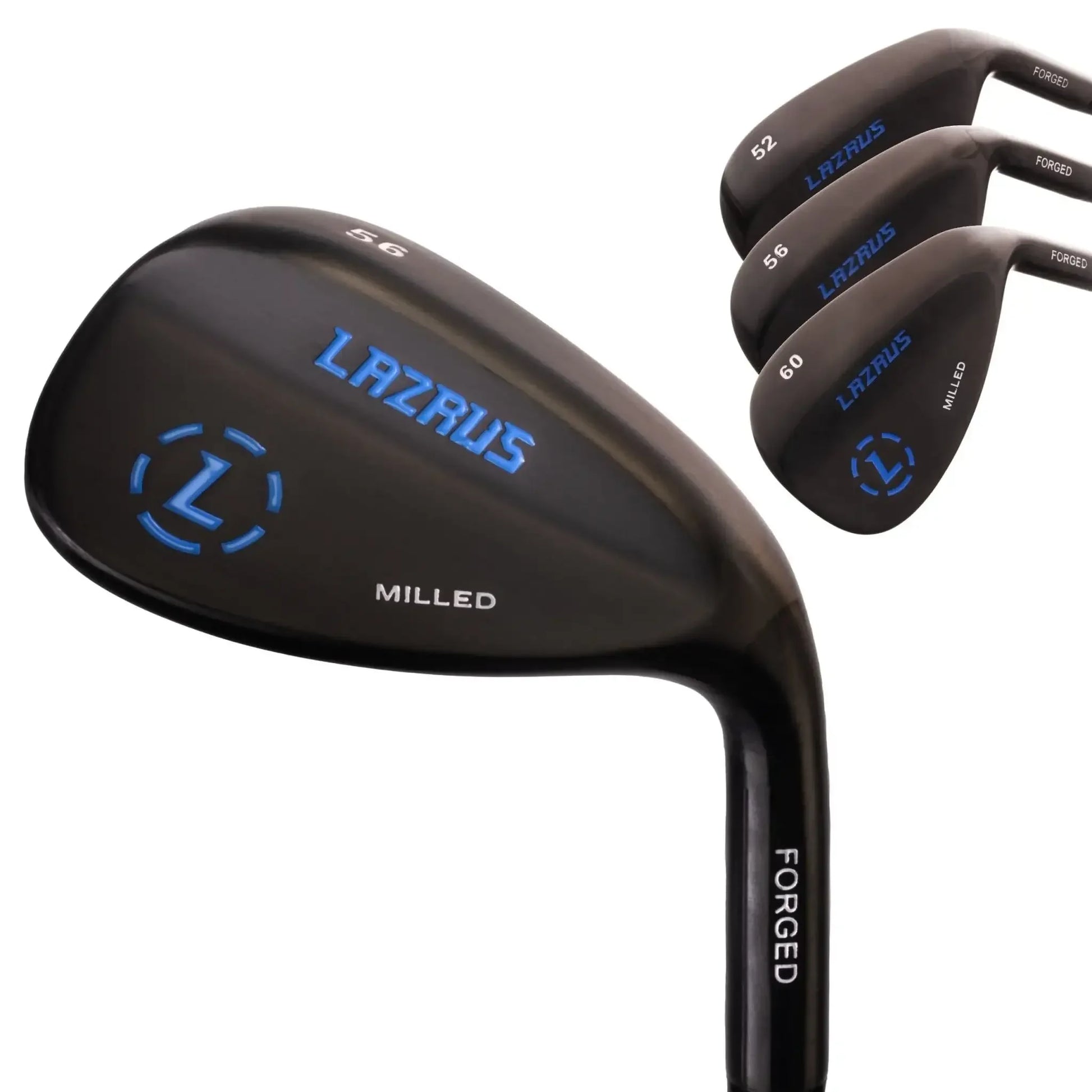 Set of black Lazrus forged milled golf wedges with blue branding and loft numbers 52, 56, 60 degrees