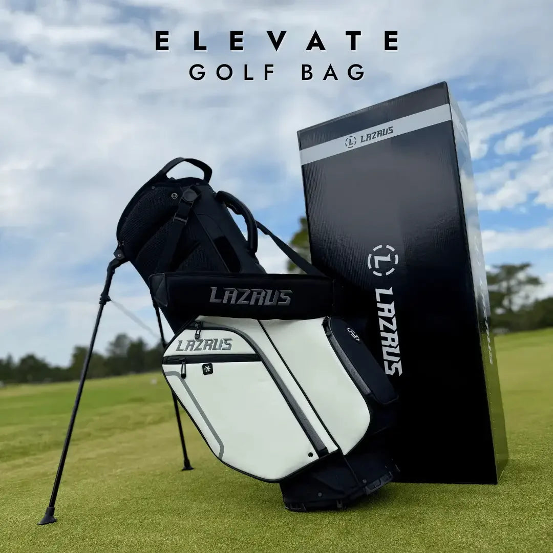 Lazrus Elevate golf bag in black and white with stand on a golf course, next to Lazrus branded box