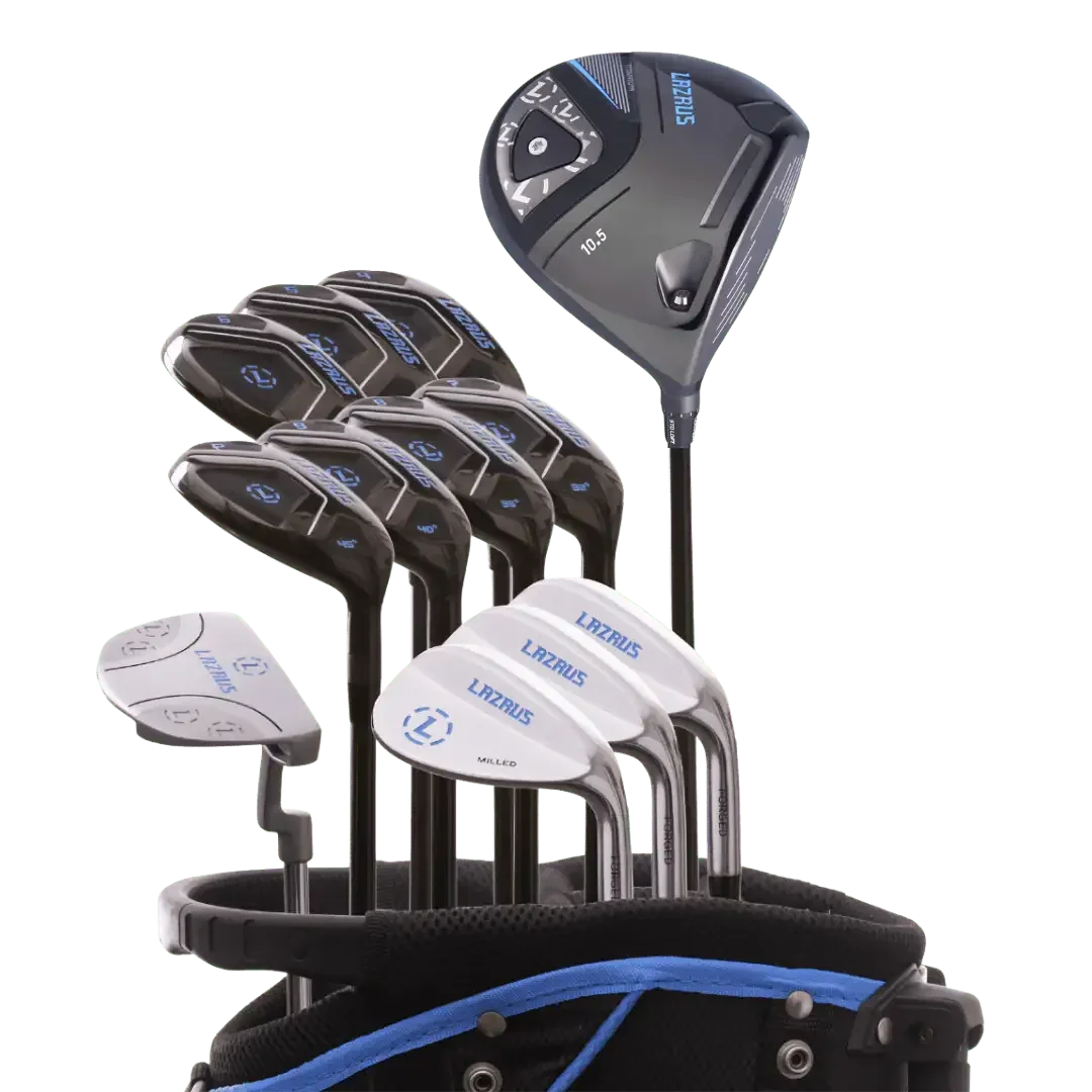 Lazrus 13-piece golf club set with driver, hybrids, wedges, irons, and putter in black and blue bag