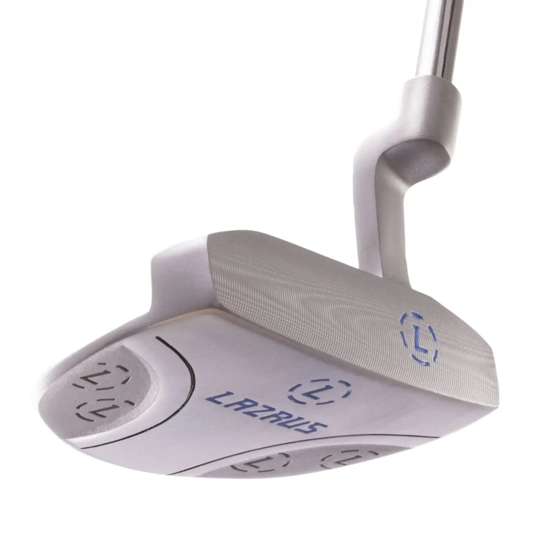 Close-up of silver Lazrus golf putter with blue logo and text on club head