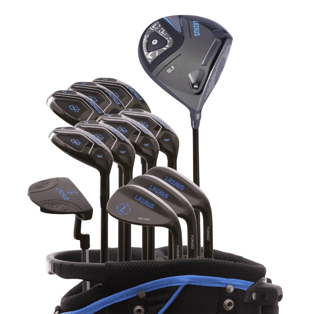 Lazrus 13-piece golf club set with driver, hybrids, wedges, and putter in black and blue golf bag