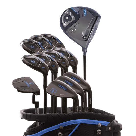 Lazrus 13-piece golf club set with driver, hybrids, wedges, and putter in black and blue golf bag