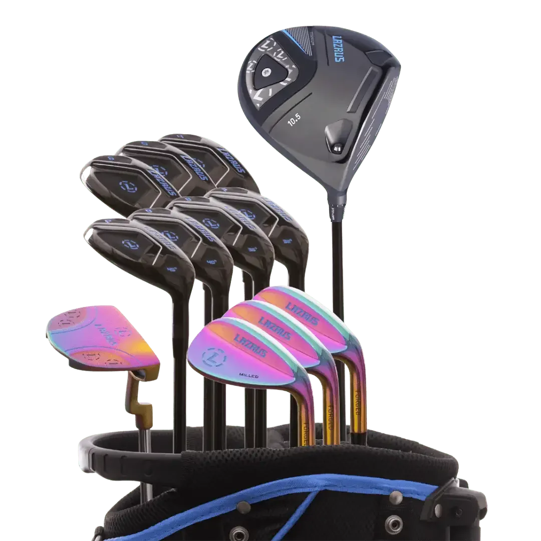 Lazrus 13-piece golf club set with driver, hybrids, wedges, and putter in black and iridescent finish
