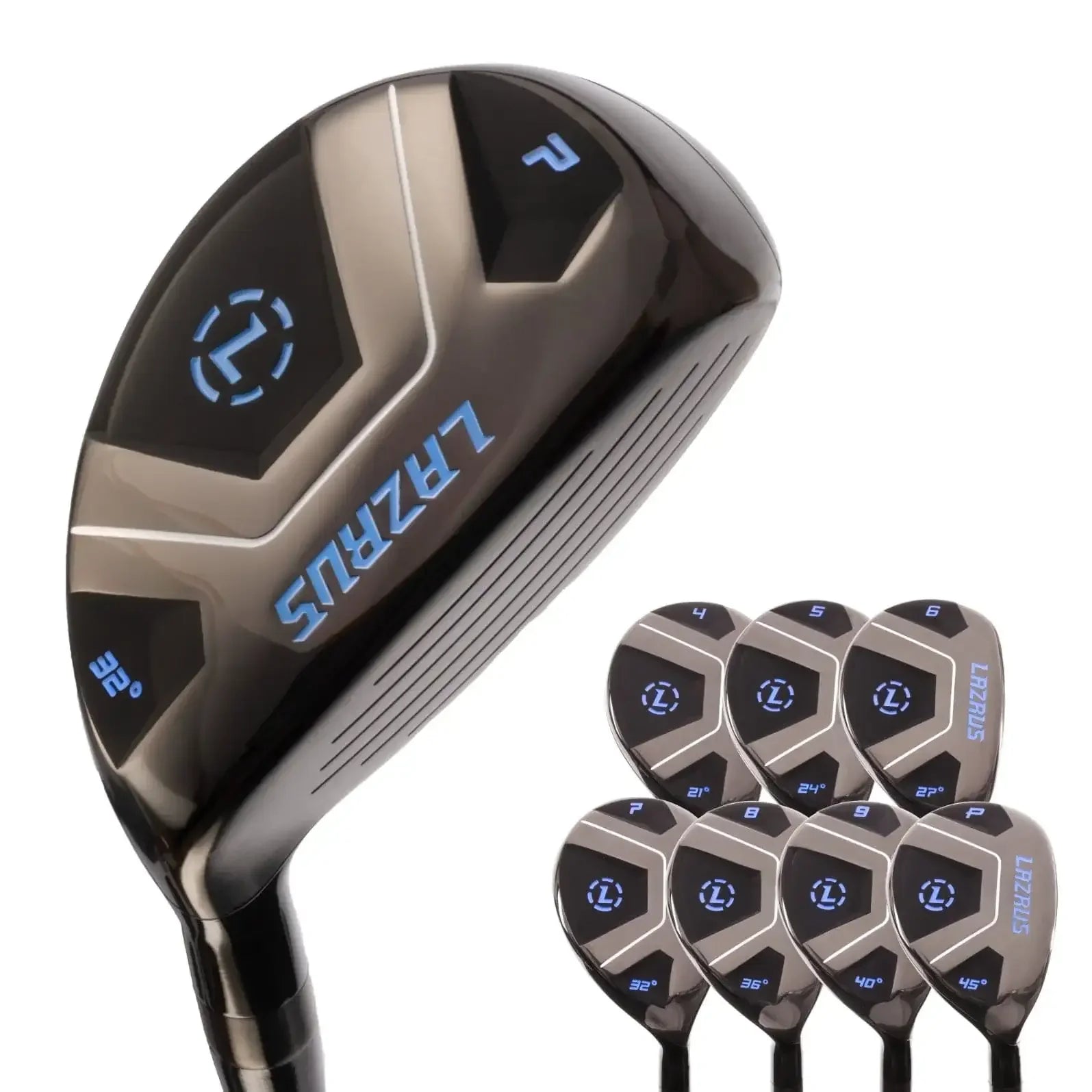 Lazrus golf hybrid club set with black and gray heads, blue Lazrus logo and varying loft angles