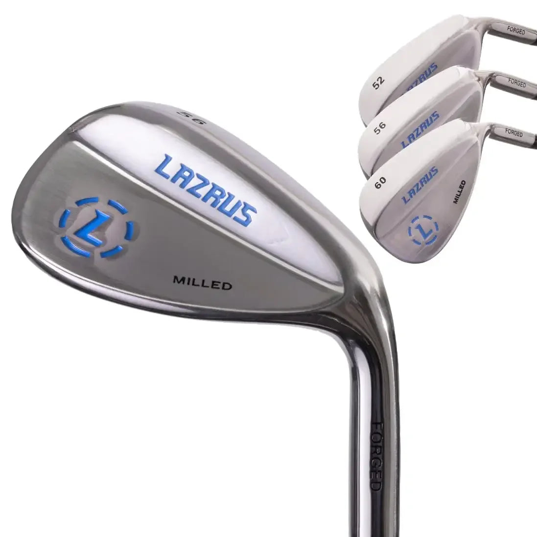 Set of Lazrus forged milled golf wedges with lofts 52, 56, and 60 degrees, chrome finish